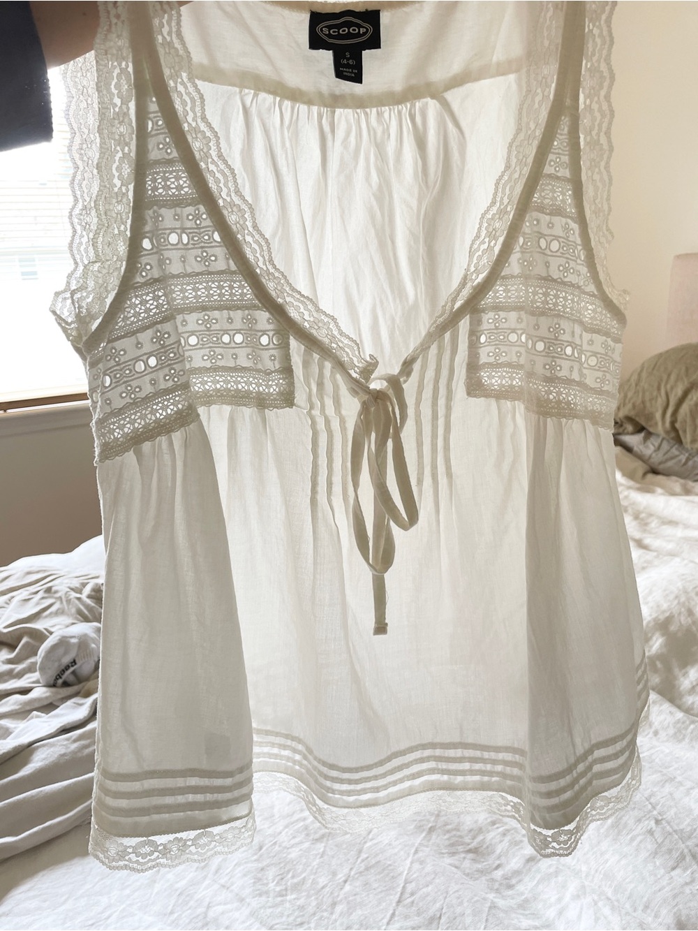 Scoop Ivory Lace-Trim Tie Front Blouse